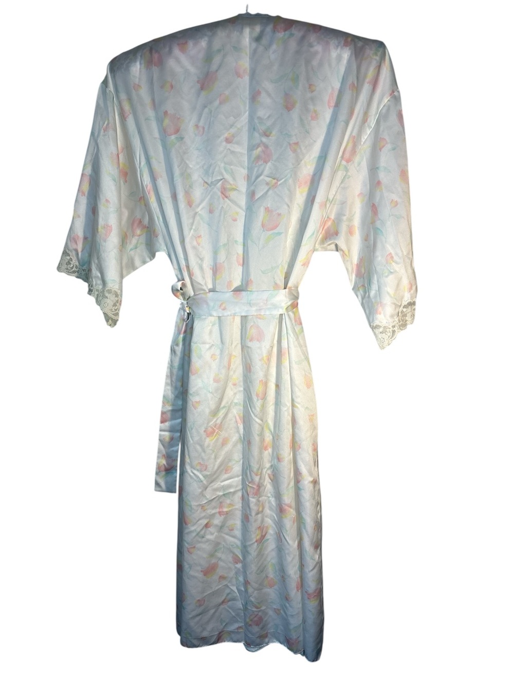Vintage Sara Beth Satin White Floral Lace Long Belted Robe 80s Retro - Picture 2 of 8